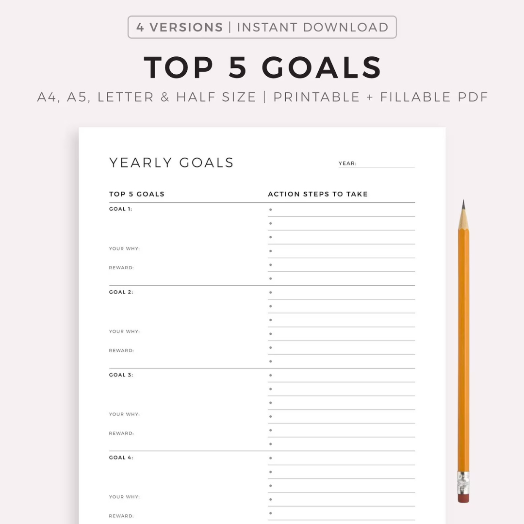 Top 5 Goals - Yearly Goals, Quarterly Goals, Monthly Goals, Weekly Goals, A4/A5/Letter/Half Size, Printable & Fillable PDF, Instant Download