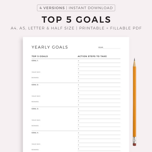 Top 5 Goals - Yearly Goals, Quarterly Goals, Monthly Goals, Weekly Goals, A4/A5/Letter/Half Size, Printable & Fillable PDF, Instant Download