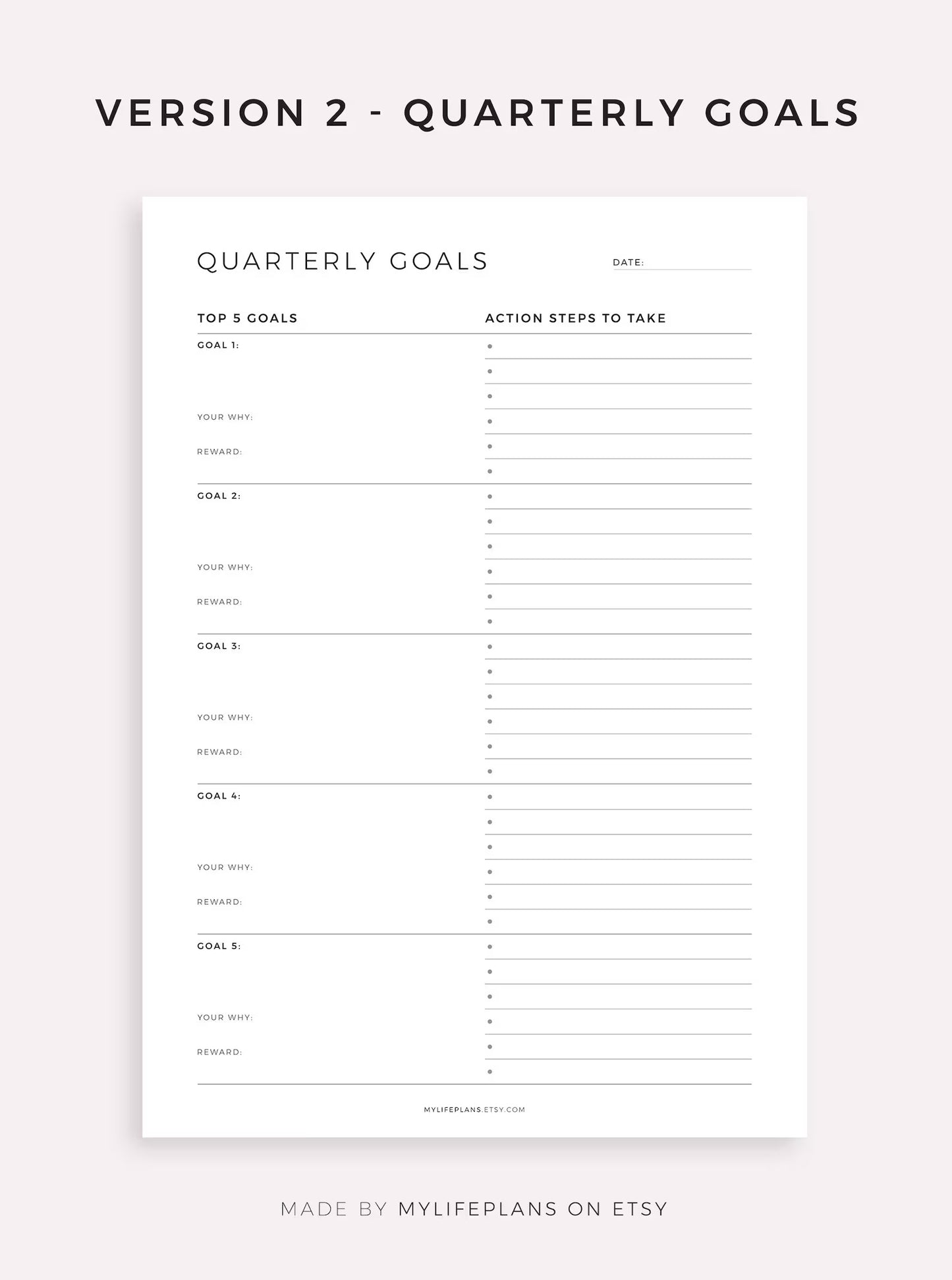 Top 5 Goals - Yearly Goals, Quarterly Goals, Monthly Goals, Weekly Goals, A4/A5/Letter/Half Size, Printable & Fillable PDF, Instant Download