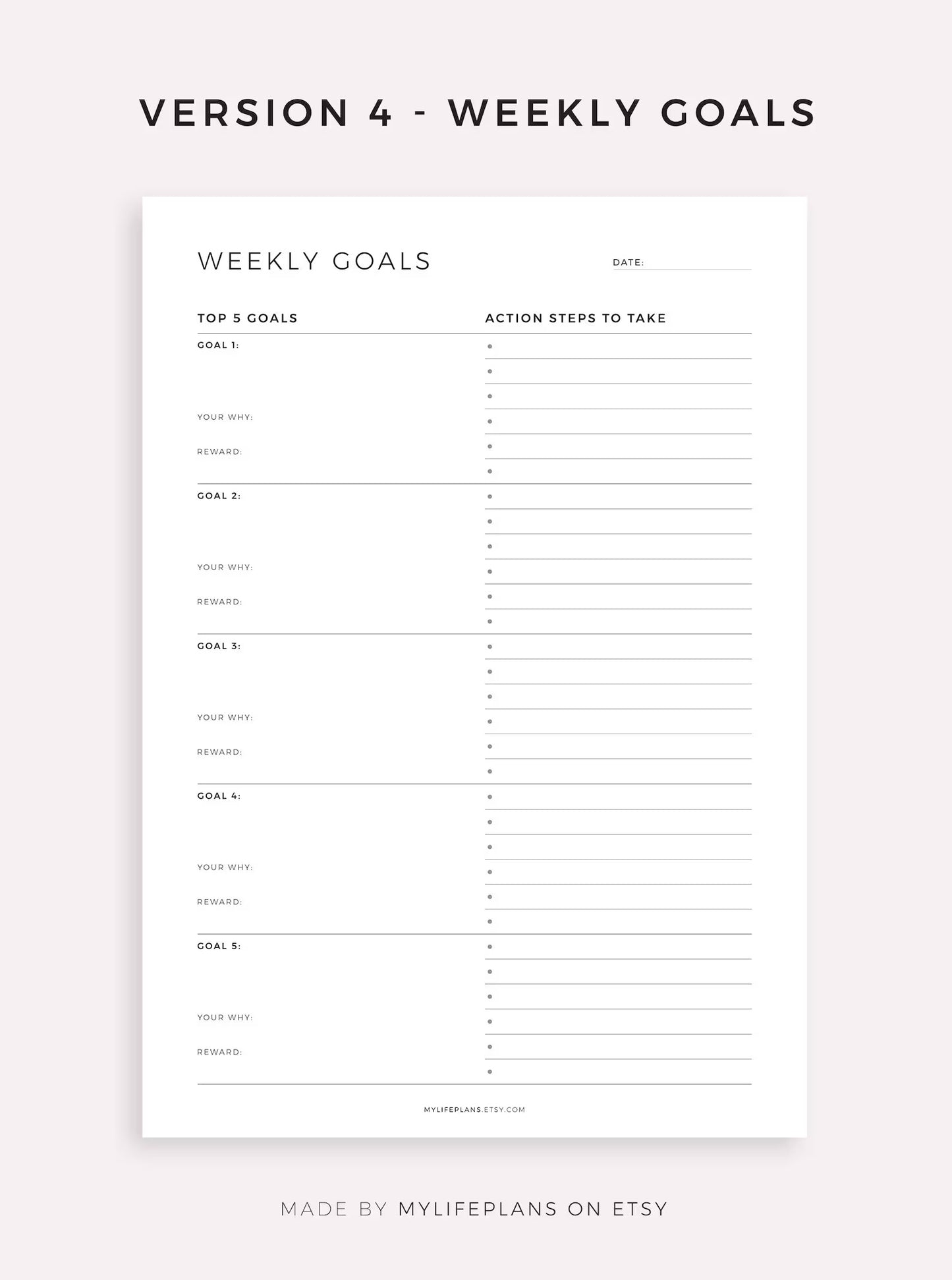 Top 5 Goals - Yearly Goals, Quarterly Goals, Monthly Goals, Weekly Goals, A4/A5/Letter/Half Size, Printable & Fillable PDF, Instant Download