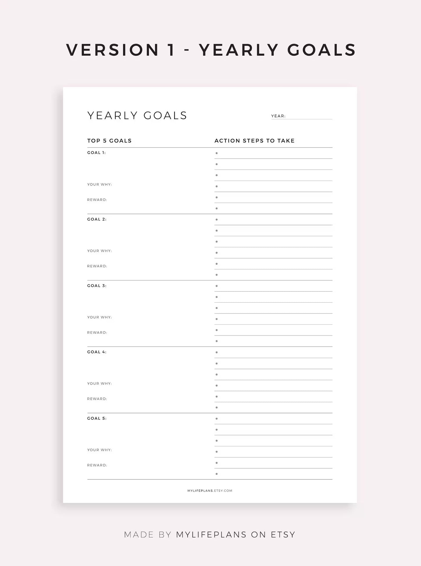 Top 5 Goals - Yearly Goals, Quarterly Goals, Monthly Goals, Weekly Goals, A4/A5/Letter/Half Size, Printable & Fillable PDF, Instant Download