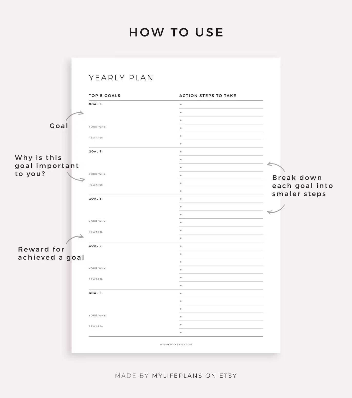 Top 5 Goals - Yearly Goals, Quarterly Goals, Monthly Goals, Weekly Goals, A4/A5/Letter/Half Size, Printable & Fillable PDF, Instant Download