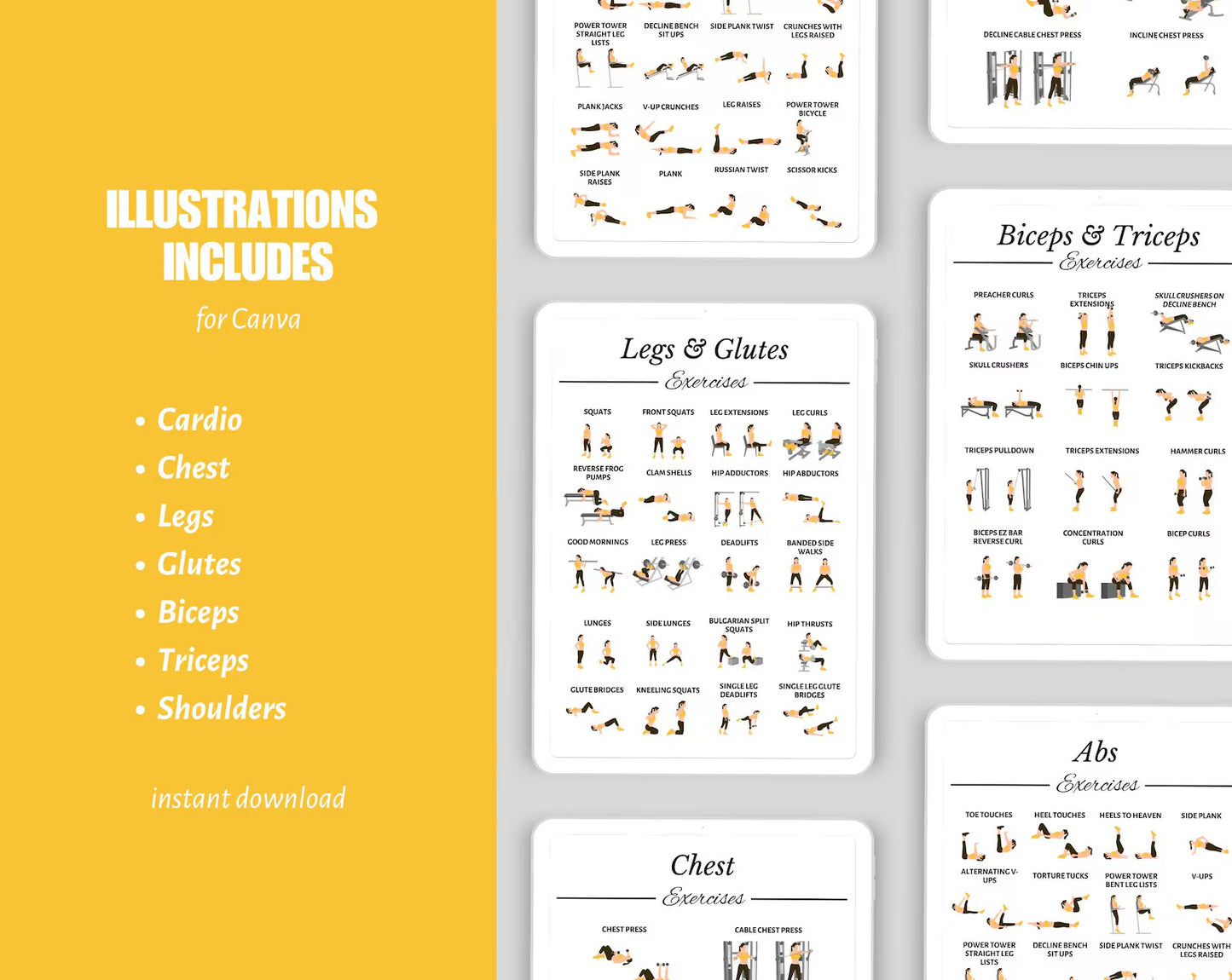 50+ Exercise Illustrations Cheat Sheet, Gym Workout Routine, Digital Workout Illustrations