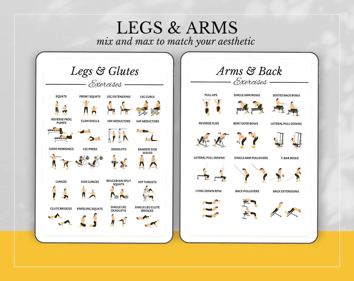 50+ Exercise Illustrations Cheat Sheet, Gym Workout Routine, Digital Workout Illustrations