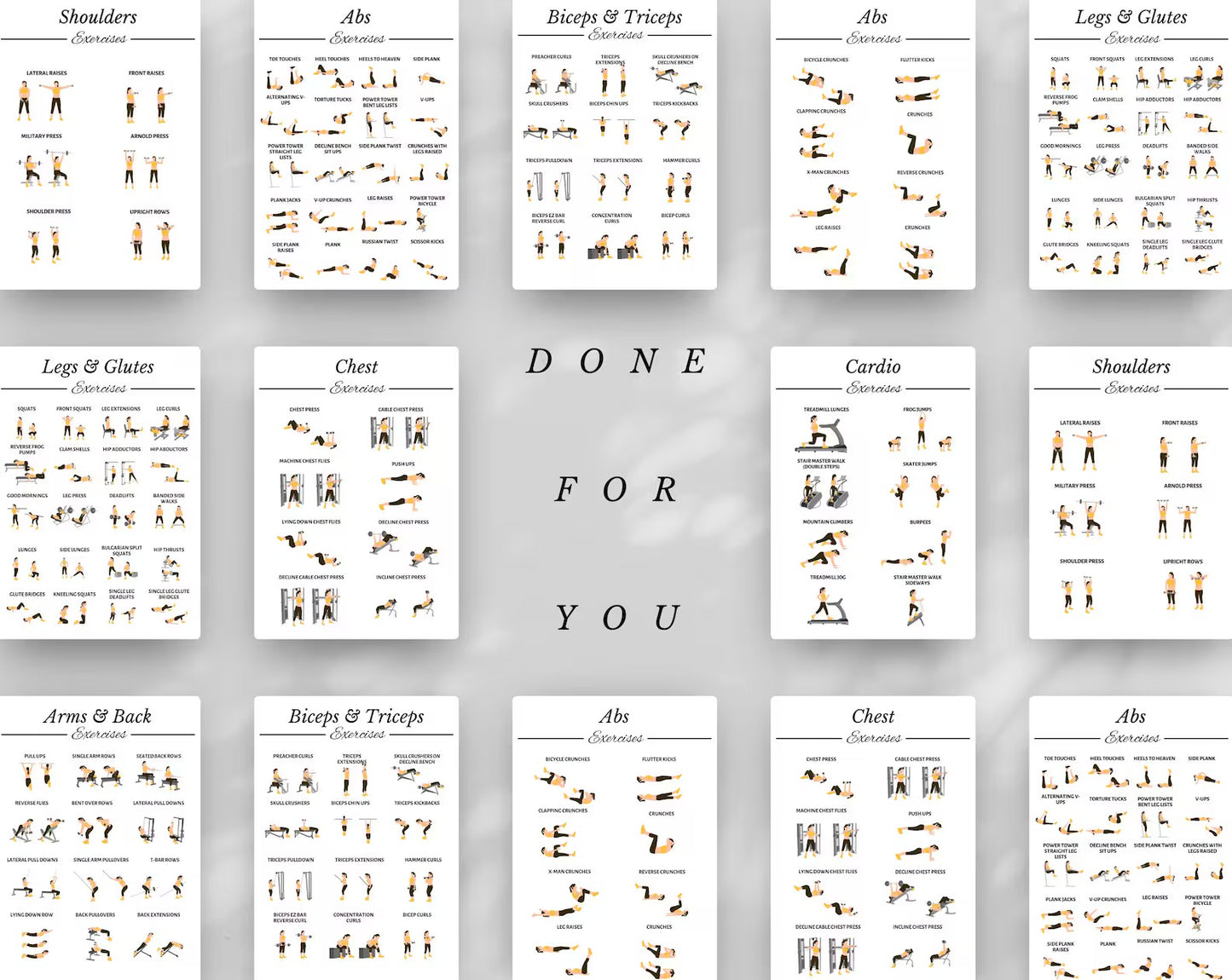 50+ Exercise Illustrations Cheat Sheet, Gym Workout Routine, Digital Workout Illustrations