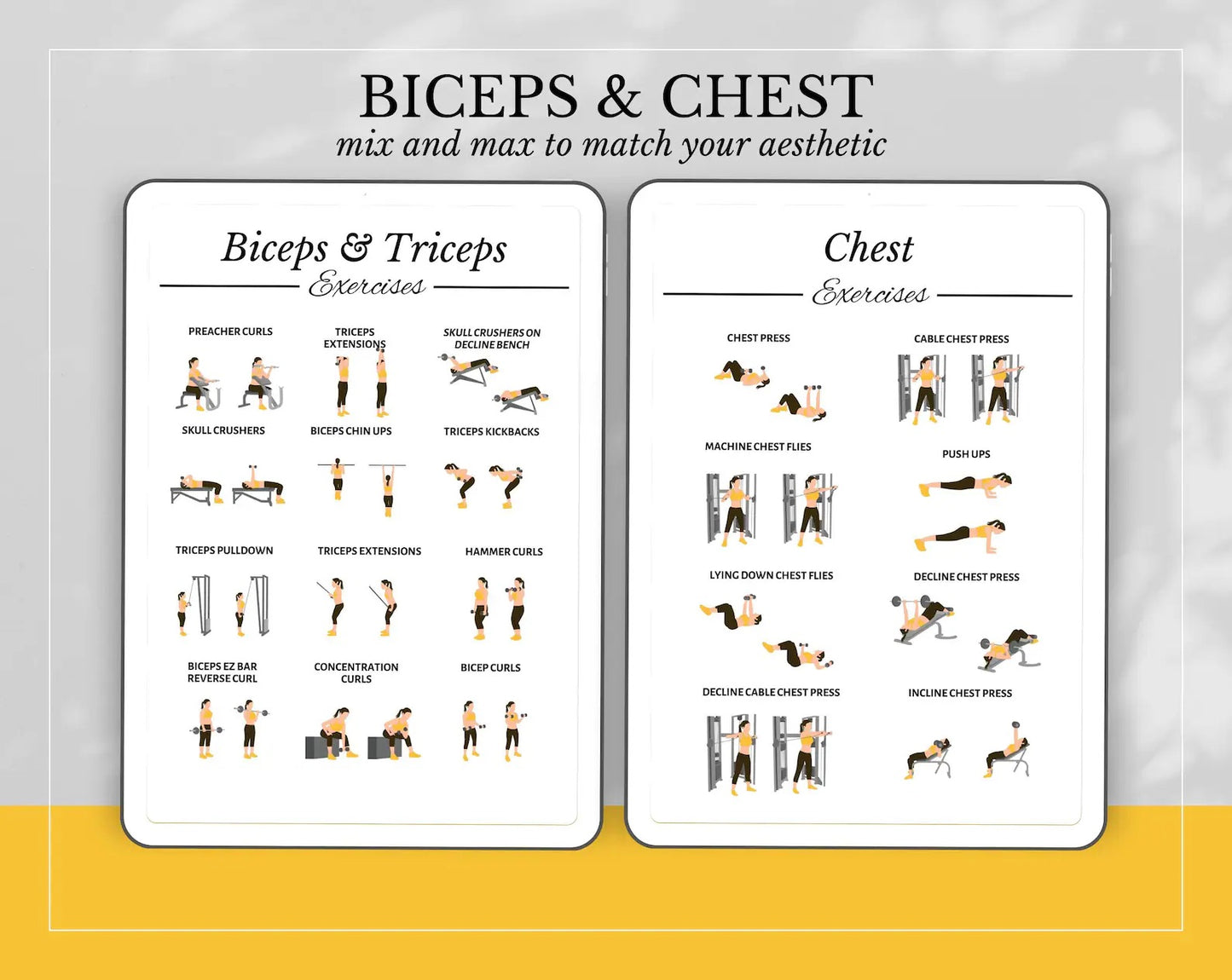 50+ Exercise Illustrations Cheat Sheet, Gym Workout Routine, Digital Workout Illustrations