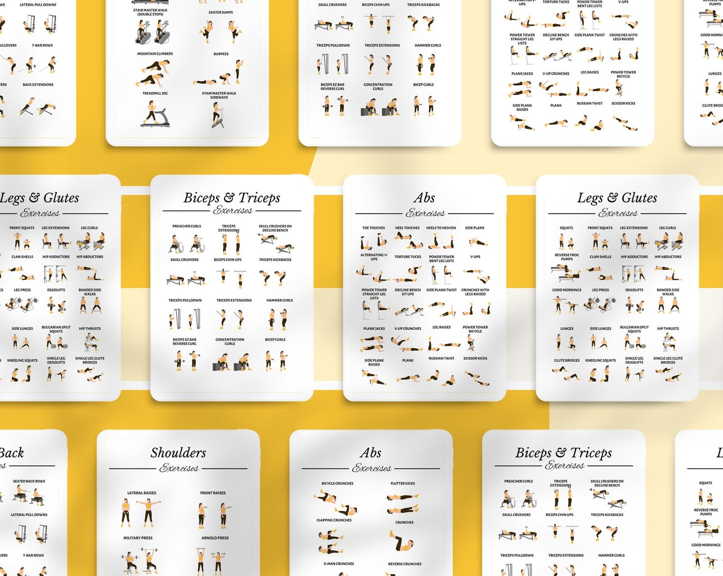 50+ Exercise Illustrations Cheat Sheet, Gym Workout Routine, Digital Workout Illustrations