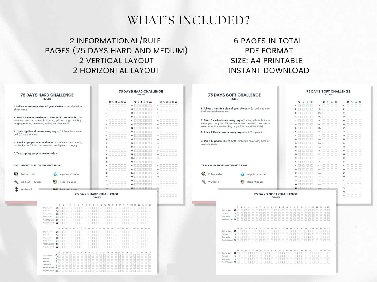 75 Day Hard Challenge Tracker - Digital Template Printable - Daily Goal Tracking