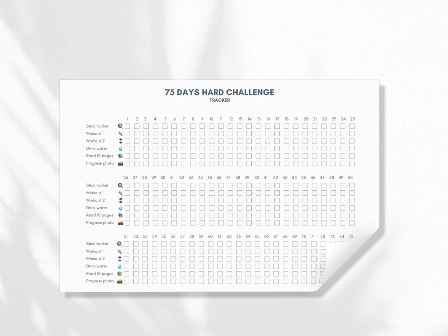 75 Day Hard Challenge Tracker - Digital Template Printable - Daily Goal Tracking