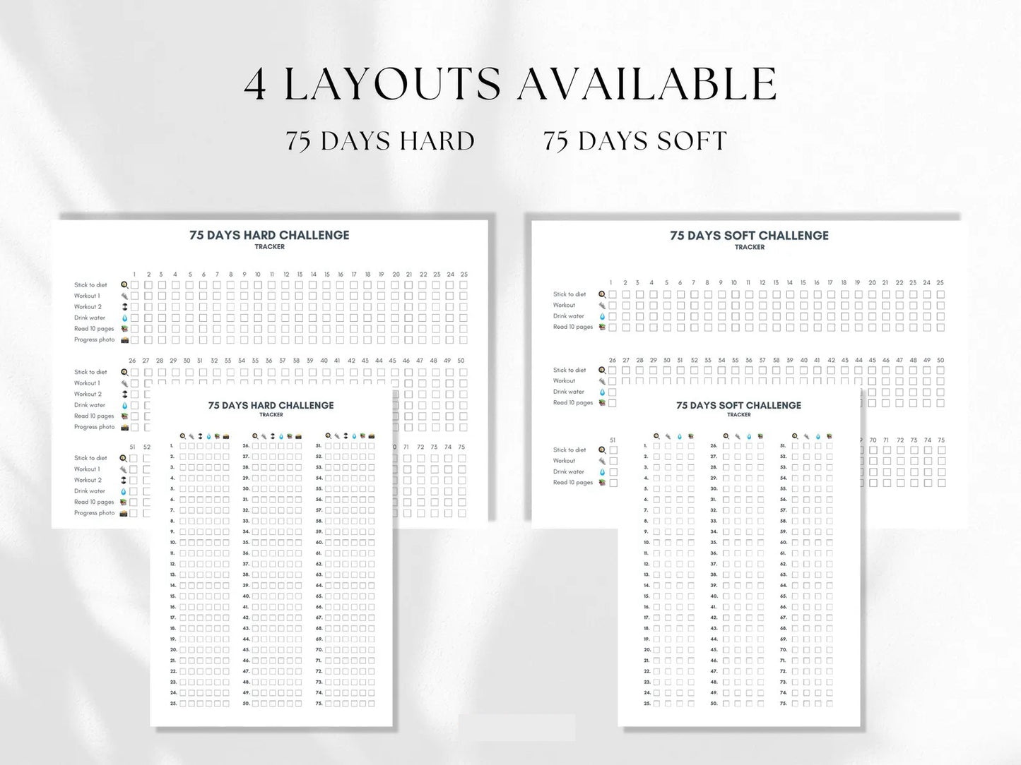 75 Day Hard Challenge Tracker - Digital Template Printable - Daily Goal Tracking