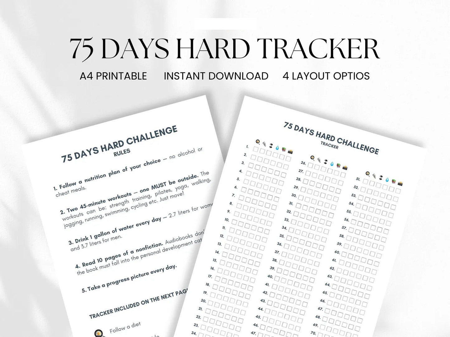 75 Day Hard Challenge Tracker - Digital Template Printable - Daily Goal Tracking