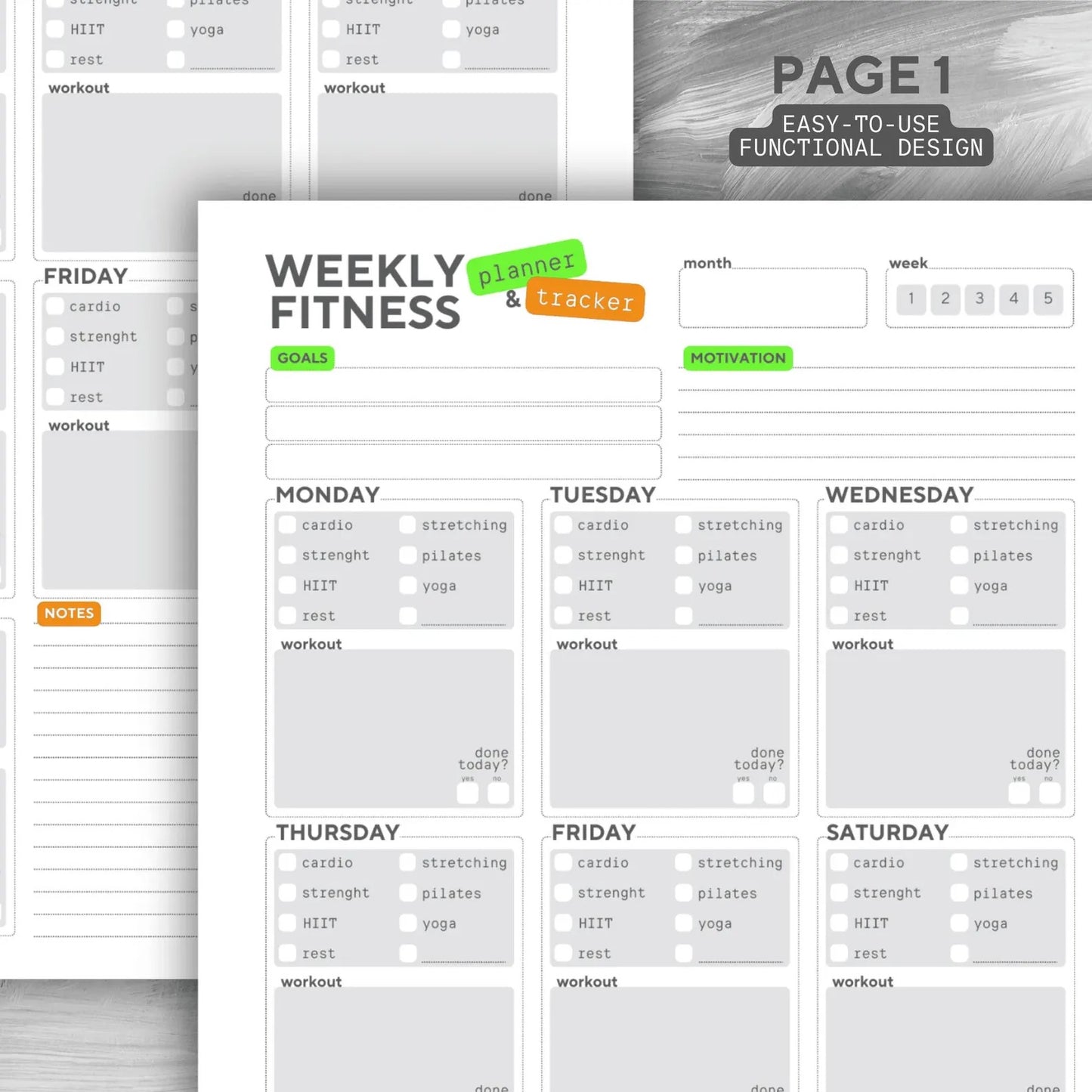 Printable Fitness Tracker, Workout Tracker, Gray Weekly Fitness & Meal Planner, Printable Template, Printable Meal Planner, Vitamin Intake