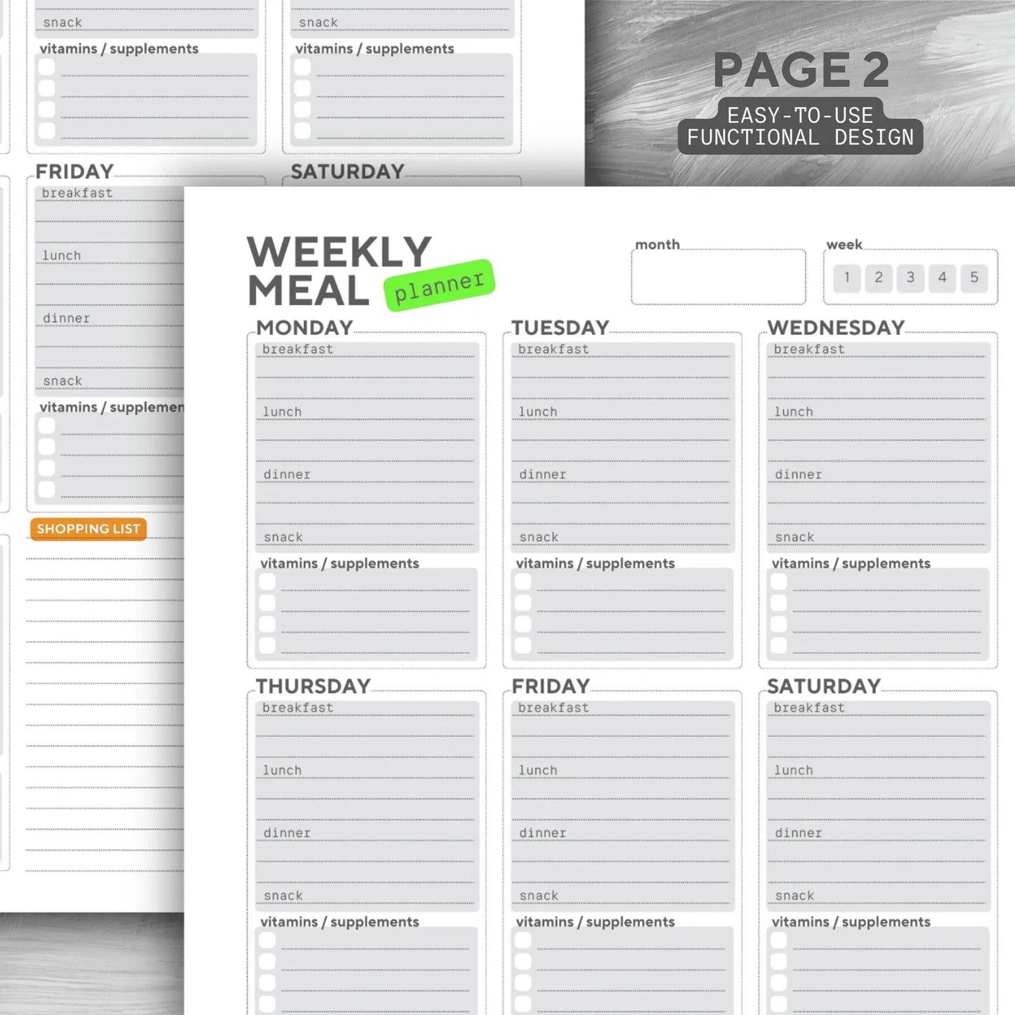 Printable Fitness Tracker, Workout Tracker, Gray Weekly Fitness & Meal Planner, Printable Template, Printable Meal Planner, Vitamin Intake